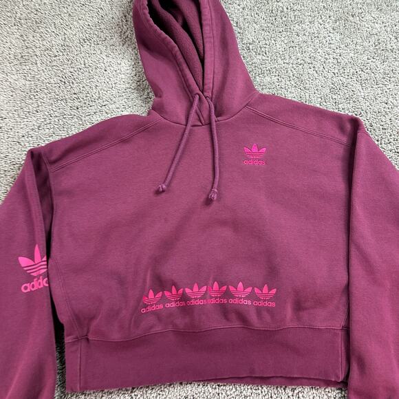 Adidas Trefoil Hoodie Womens Medium Burgundy Red Logo Play Cropped Sweatshirt * - Picture 3 of 13